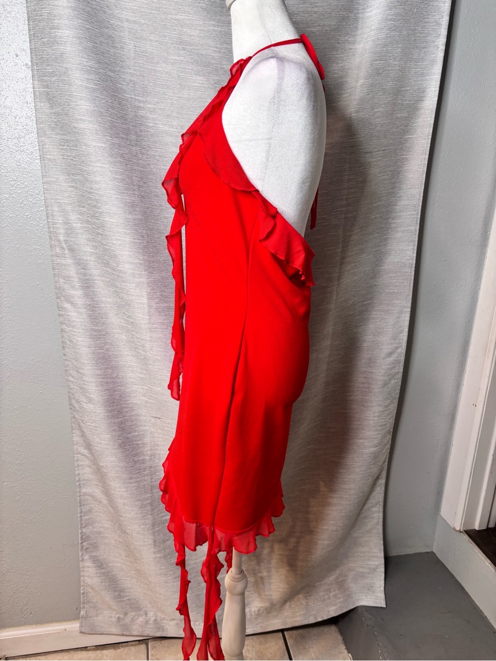 Red Ruffle Halter Dress - Picture 2 of 3